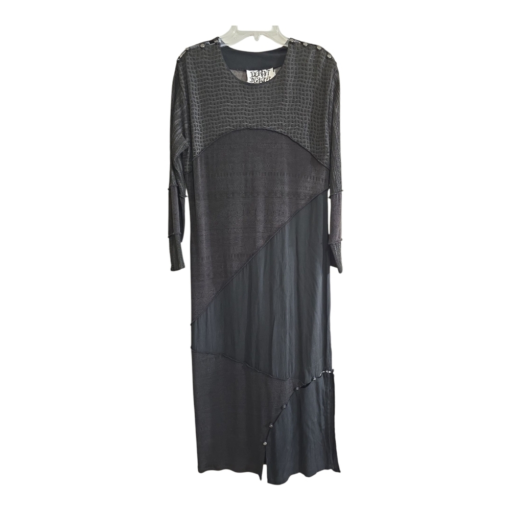 Vintage Donna Jessica Black Lagenlook Midi Maxi Dress Large Button Details